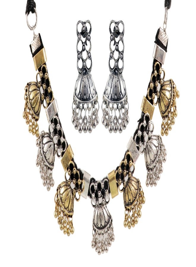 Siddhatva Fashion Indian Ethnic Statement Afghani Silver Oxidized Dual Handmade Tassel Choker Necklace Jewelry (Silver Gold Dual Tone) - Image 1